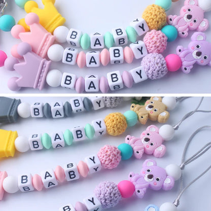 Handmade free personalized name silicone baby pacifier clip silicone crown koala pacifier chain holder baby safe teethin