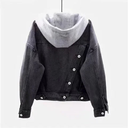 Women Denim Coat Hooded Single Breasted Button Jackets Hooded Patchwork Outerwear Cardigan Solid Pockets Streetwear Warm