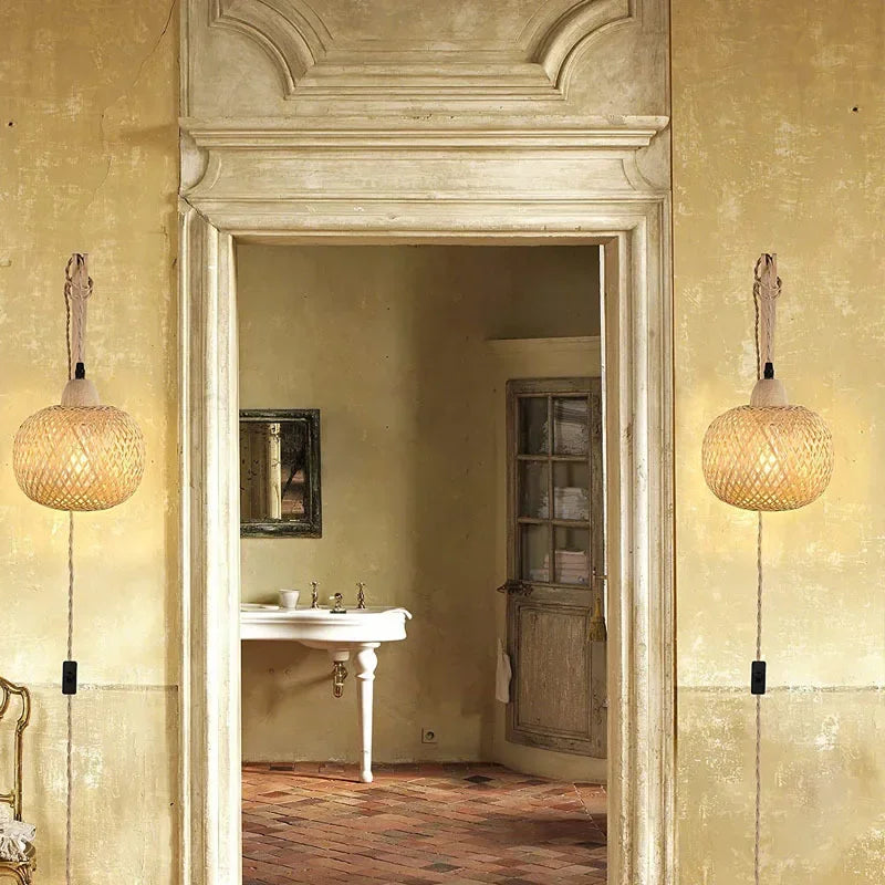 Bamboo Lantern Wall Lamp Natural Rattan Wicker E27 Chandeliers Hand-Woven Bamboo Room Decor Lampshades Wall Light Fixtures