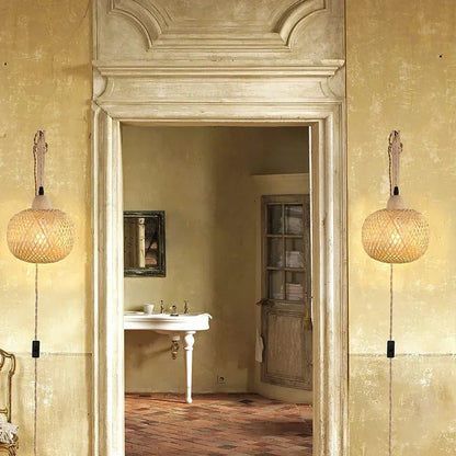 Bamboo Lantern Wall Lamp Natural Rattan Wicker E27 Chandeliers Hand-Woven Bamboo Room Decor Lampshades Wall Light Fixtures