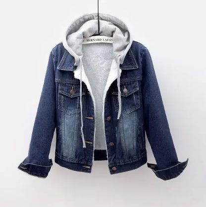 Women Denim Coat Hooded Single Breasted Button Jackets Hooded Patchwork Outerwear Cardigan Solid Pockets Streetwear Warm