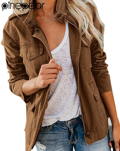 PinePear 2026 Spring Women Military Anorak Jackets Zip Up Snap Buttons Parka Safari Utility Coats Outwear with Pockets