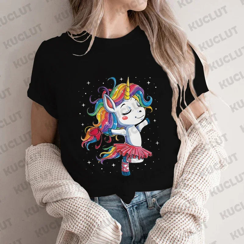 Unicorn Ballet T Shirt Women Dance Designer Anime Top Girl Graphic T Shirts Womens Funny Clothes Short Sleeve Clothing Dance Tee