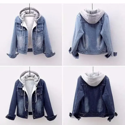 Women Denim Coat Hooded Single Breasted Button Jackets Hooded Patchwork Outerwear Cardigan Solid Pockets Streetwear Warm