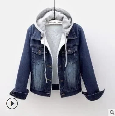 Women Denim Coat Hooded Single Breasted Button Jackets Hooded Patchwork Outerwear Cardigan Solid Pockets Streetwear Warm