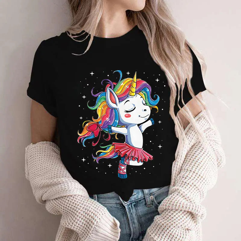 Unicorn Ballet T Shirt Women Dance Designer Anime Top Girl Graphic T Shirts Womens Funny Clothes Short Sleeve Clothing Dance Tee