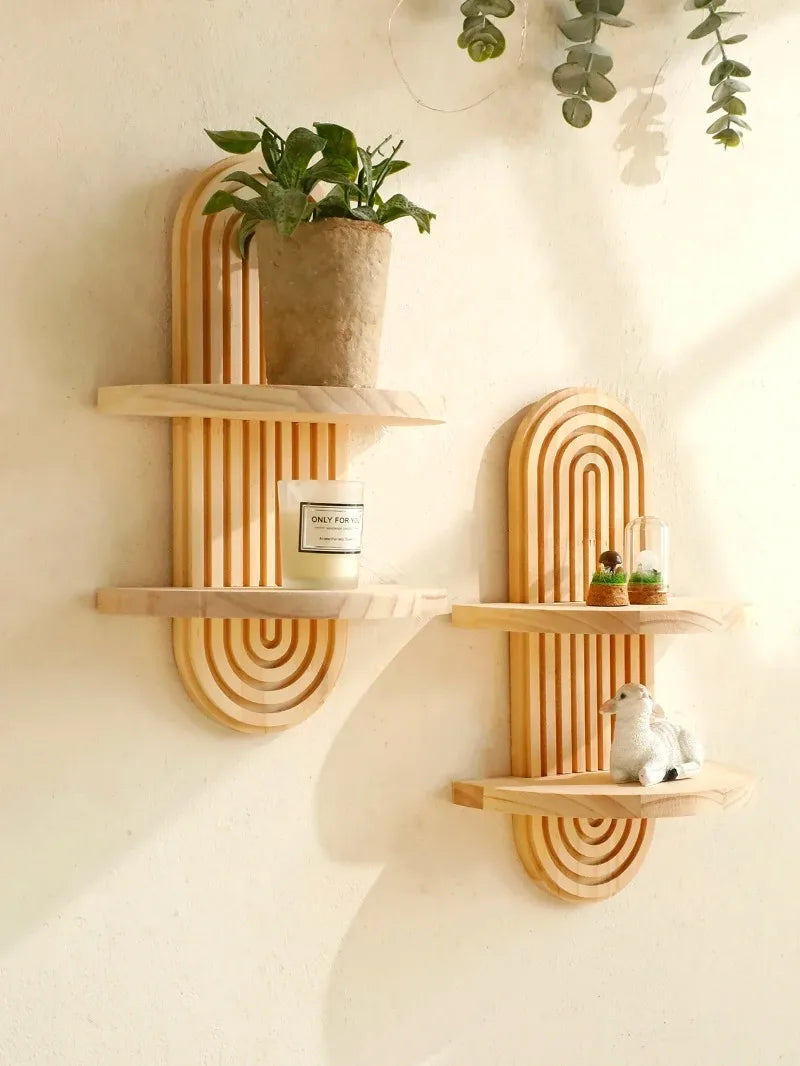 1Pc Wooden Wall Mounted Shelves, Boho Style Rack, Modern Home Decor for Living Room, Bathroom Display Decoration