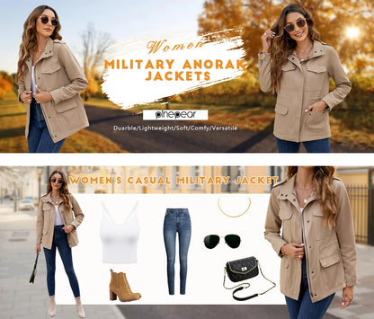 PinePear 2026 Spring Women Military Anorak Jackets Zip Up Snap Buttons Parka Safari Utility Coats Outwear with Pockets