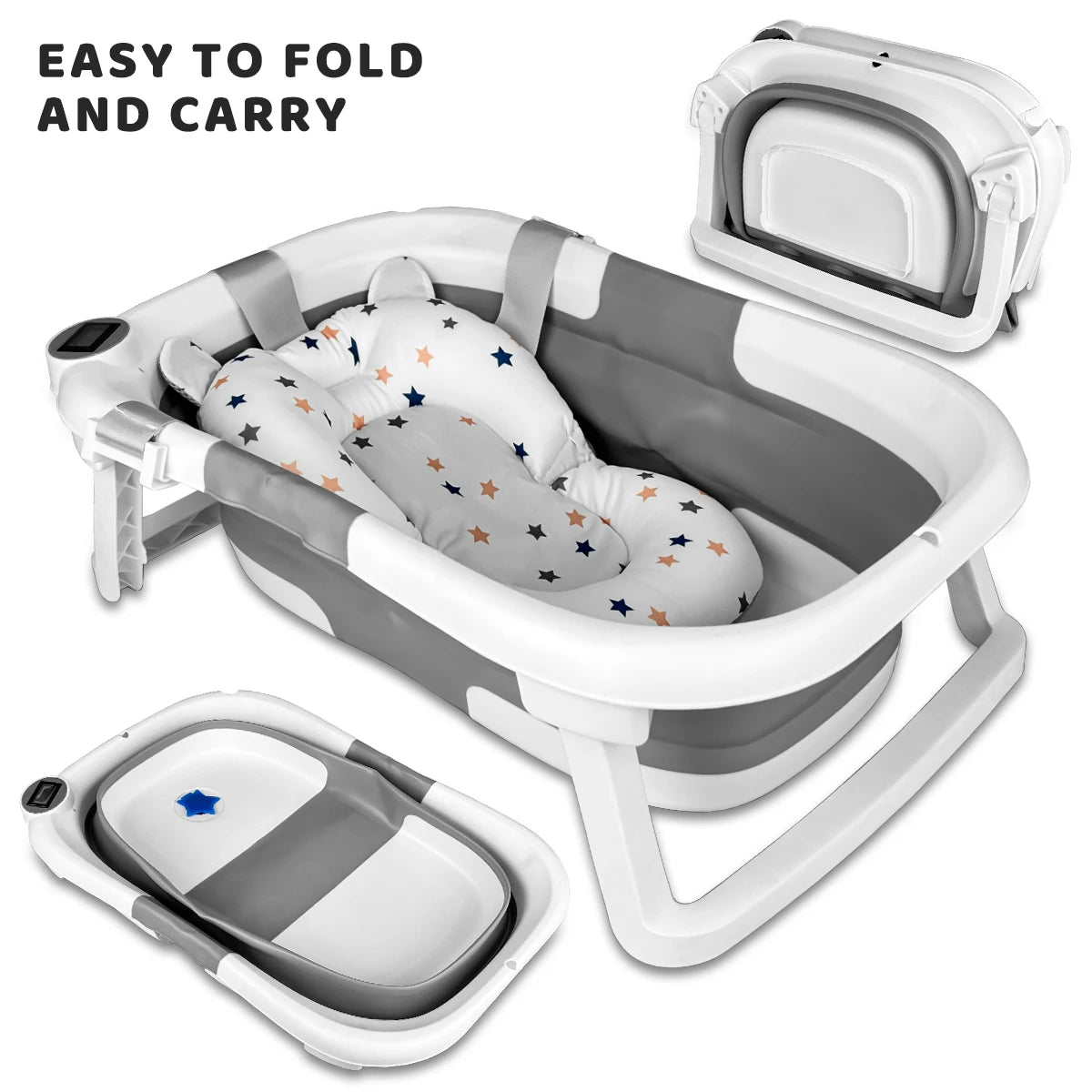 Foldable Baby Bathtub, Baby Bathtub With Soft Cushion And Thermometer, Portable Travel Baby Bathtub