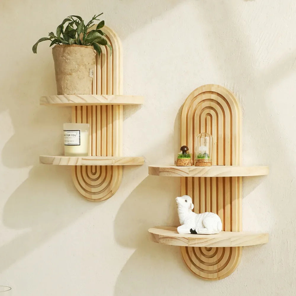 1Pc Wooden Wall Mounted Shelves, Boho Style Rack, Modern Home Decor for Living Room, Bathroom Display Decoration