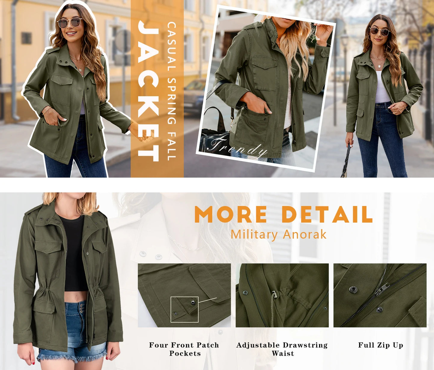 PinePear 2026 Spring Women Military Anorak Jackets Zip Up Snap Buttons Parka Safari Utility Coats Outwear with Pockets