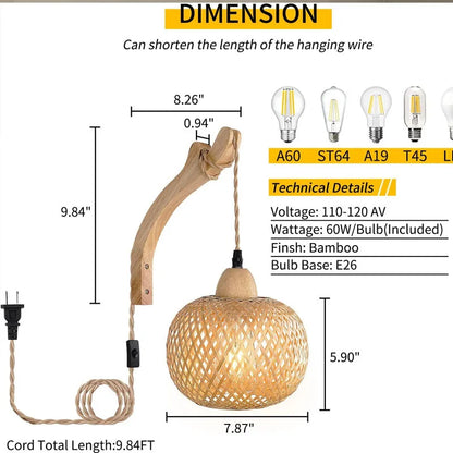 Bamboo Lantern Wall Lamp Natural Rattan Wicker E27 Chandeliers Hand-Woven Bamboo Room Decor Lampshades Wall Light Fixtures