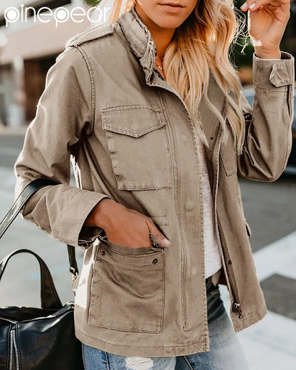 PinePear 2026 Spring Women Military Anorak Jackets Zip Up Snap Buttons Parka Safari Utility Coats Outwear with Pockets