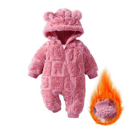 Cartoon Baby Clothes Boy Romper Long Sleeve Arctic Velvet Hooded Baby Girl Romper Winter Warm  Newborn Clothes 0-18 Months