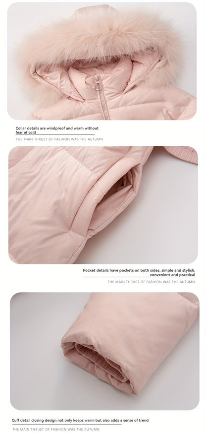 Elegant Long-Length Hooded Parka for Girls, Winter Slim Fit Puffer Coat with Belt, 100% Polyester Composition, Non-Stretch Solid Color with Flared Hem, Regular Sleeve - Kid's Outerwear