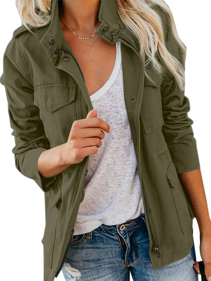 Womens Military Anorak Jacket - Zip Up Snap Button Parka Safari Utility Coat Outwear with Pockets - Durable Water-Resistant Fabric - For Outdoor Activities & Casual Wear - Perfect Gift for Adventurers & Fashionistas