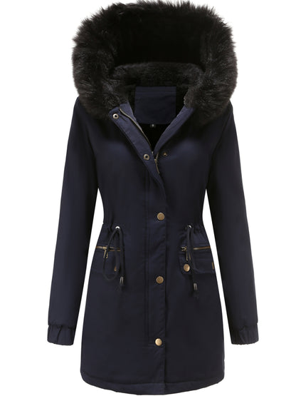 Cozy Fuzzy Trim Parka Hoodie Coat - Thermal Insulation, Long Sleeve, Drawstring Waist, Casual Chic, Fall & Winter Essential, Women's Clothing