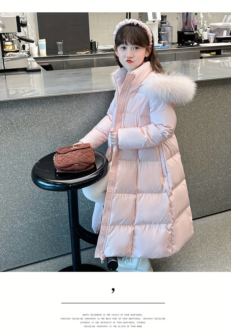 Elegant Long-Length Hooded Parka for Girls, Winter Slim Fit Puffer Coat with Belt, 100% Polyester Composition, Non-Stretch Solid Color with Flared Hem, Regular Sleeve - Kid's Outerwear