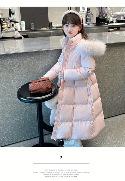 Elegant Long-Length Hooded Parka for Girls, Winter Slim Fit Puffer Coat with Belt, 100% Polyester Composition, Non-Stretch Solid Color with Flared Hem, Regular Sleeve - Kid's Outerwear