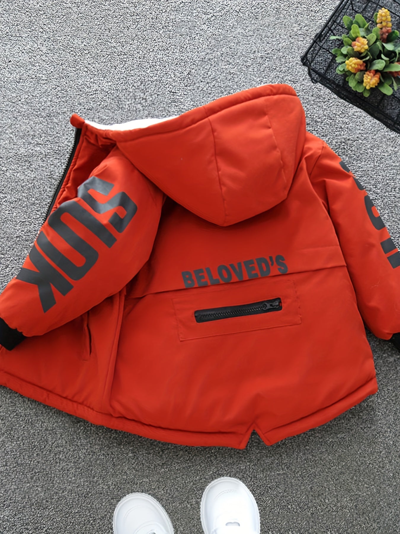 Boys' Cozy Fleece-Lined Hooded Parka Jacket - Warm Winter Outerwear with "Beloved's" Graphic, Orange Casual Style, Zip-Up Front, Long Sleeves, Loose Fit for Fall/Winter, Winter Jacket