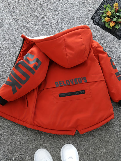 Boys' Cozy Fleece-Lined Hooded Parka Jacket - Warm Winter Outerwear with "Beloved's" Graphic, Orange Casual Style, Zip-Up Front, Long Sleeves, Loose Fit for Fall/Winter, Winter Jacket