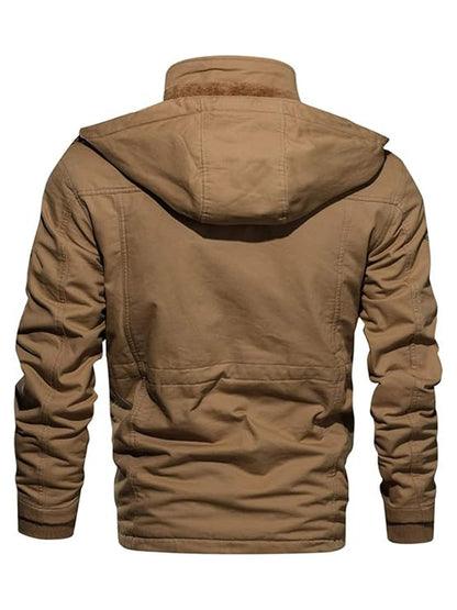 Men's Winter Windproof Full-Zip Jacket with & Detachable Hood - Heavy-Duty Multi-Pocket Parka Coat Suitable for Outdoor,, - Machine Washable Warm Jacket