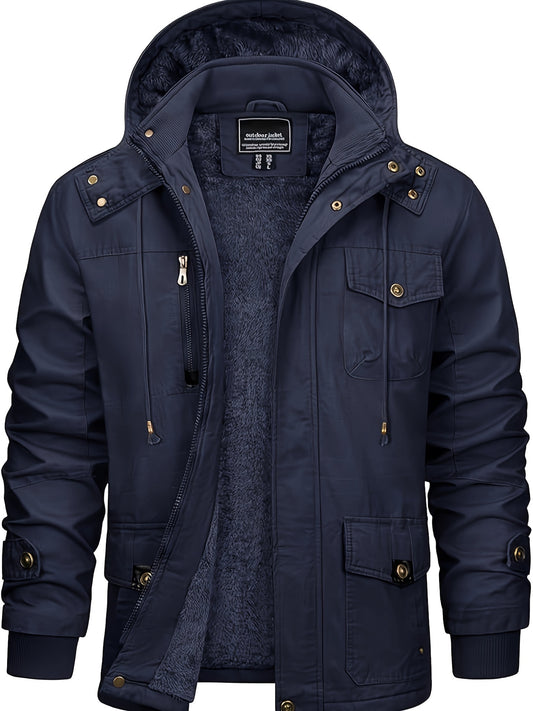 Men's Winter Windproof Full-Zip Jacket with & Detachable Hood - Heavy-Duty Multi-Pocket Parka Coat Suitable for Outdoor,, - Machine Washable Warm Jacket