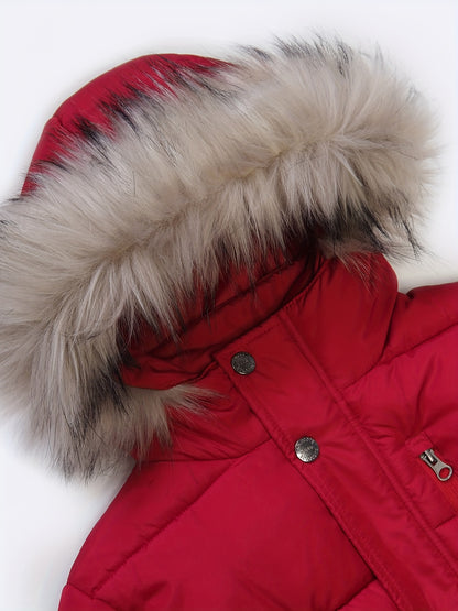 Thick Padded Girls Teens Furry Hooded Windproof Parka Coat with Pockets, Zipper Long Sleeve Winter Jacket