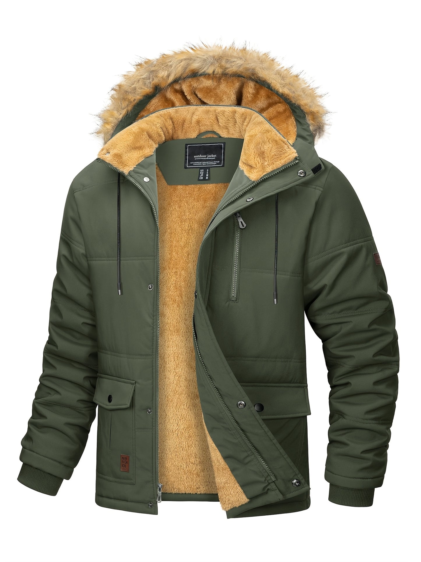 [S-2XL/4COLORS] Men'S Fleece Lined Parka Jacket Hooded Jacket Ribbed-knit Cuffs Warm Winter Coat Premium Level Shell Thicken Fur Jackets Windproof Coats Drawstring Convenient For Daily Life Or Outdoor Activities