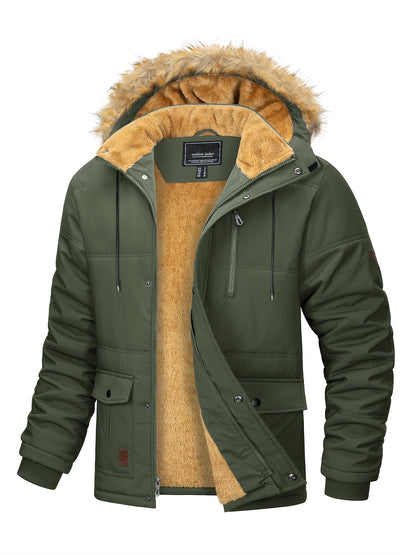 [S-2XL/4COLORS] Men'S Fleece Lined Parka Jacket Hooded Jacket Ribbed-knit Cuffs Warm Winter Coat Premium Level Shell Thicken Fur Jackets Windproof Coats Drawstring Convenient For Daily Life Or Outdoor Activities