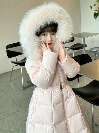 Elegant Long-Length Hooded Parka for Girls, Winter Slim Fit Puffer Coat with Belt, 100% Polyester Composition, Non-Stretch Solid Color with Flared Hem, Regular Sleeve - Kid's Outerwear