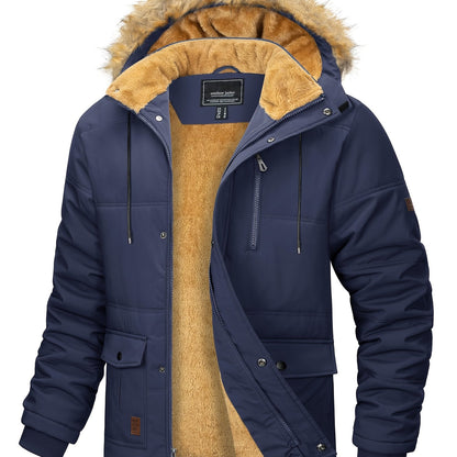 [S-2XL/4COLORS] Men'S Fleece Lined Parka Jacket Hooded Jacket Ribbed-knit Cuffs Warm Winter Coat Premium Level Shell Thicken Fur Jackets Windproof Coats Drawstring Convenient For Daily Life Or Outdoor Activities