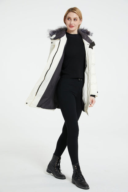 Multiple Pocket Solid Thicken Midi Padded Coat wantdo Women's Winter Puffer Parka Fashion Casual Classic Outdoor Hiking Travel Quilted Jacket Polyester Shell Faux Fur Detachable Hooded Overcoat Long Sleeve Two-way Zipper Yout