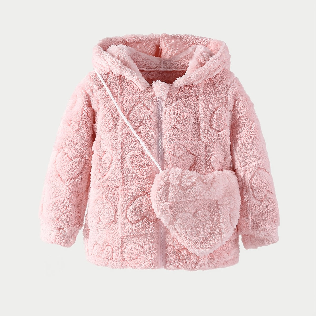 Girls' Pink Plush Hooded Jacket with Heart Appliqué & Plush - Winter Coat, Full-Zip Closure, Machine Washable H-Line Parka for & (No-Fill Warm Outerwear)