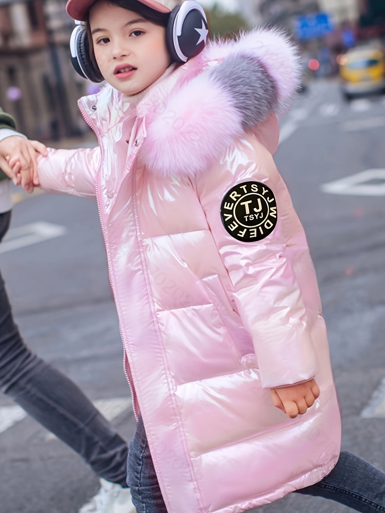 Youngsters' Cozy Pink & Purple Winter Jacket - Windproof, Warm with Detachable Faux Fur Hood, Zip-Up Long Parka for Boys & Girls - Perfect Winter Gift