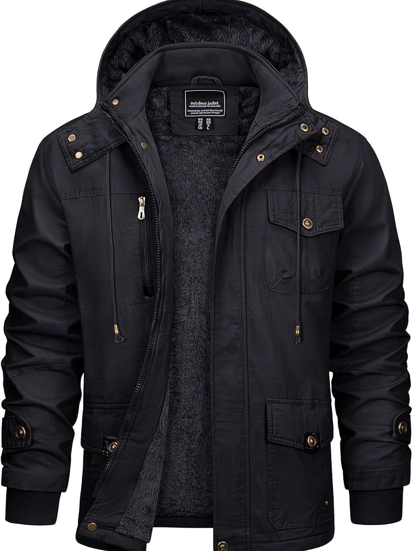 Men's Winter Windproof Full-Zip Jacket with & Detachable Hood - Heavy-Duty Multi-Pocket Parka Coat Suitable for Outdoor,, - Machine Washable Warm Jacket