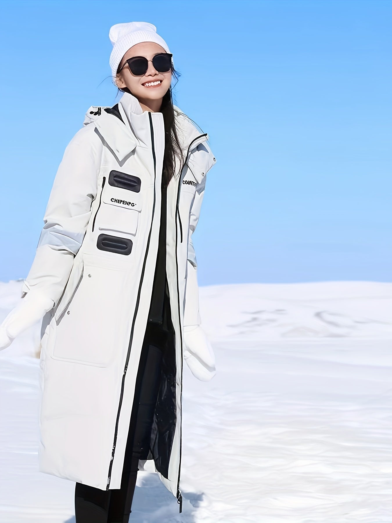 Unisex Casual Oxford Fabric Hooded Down Coat with Pockets, Long Over-the-Knee Style, Solid Color with Non-Stretch Fabric, Polyester Lining, Regular Fit Duck Down Insulation - Fashionable Longline Winter Parka