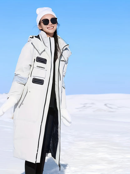 Unisex Casual Oxford Fabric Hooded Down Coat with Pockets, Long Over-the-Knee Style, Solid Color with Non-Stretch Fabric, Polyester Lining, Regular Fit Duck Down Insulation - Fashionable Longline Winter Parka