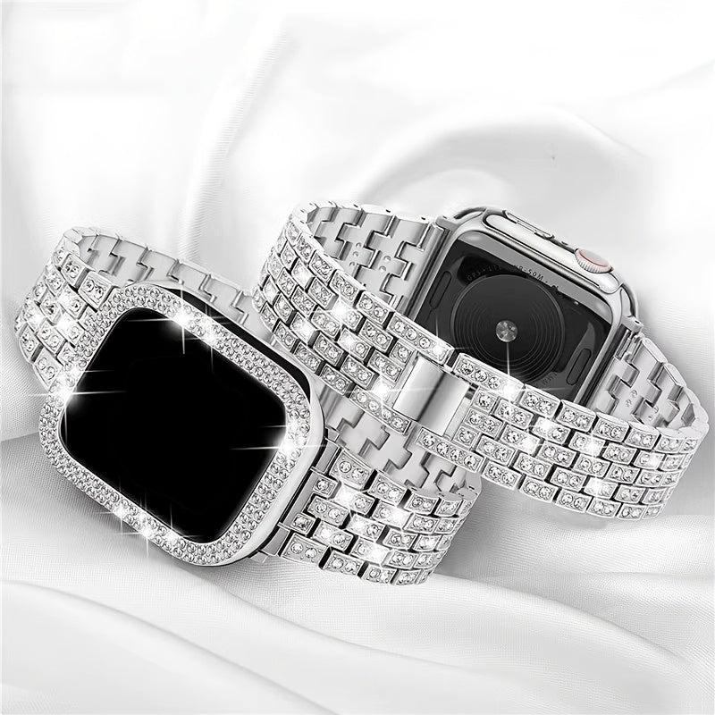 2-in-1 Strap + Hollow Shell Compatible with Apple Watch Straps 38mm 40mm 41mm 42mm 44mm 45mm 46mm+ Case, Women'S Jewelry Sparkling Rhinestone Replacement Metal Strap and 2pcs PC Protective Cover, Untempered Glass Film, Suitab