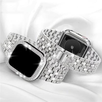 2-in-1 Strap + Hollow Shell Compatible with Apple Watch Straps 38mm 40mm 41mm 42mm 44mm 45mm 46mm+ Case, Women'S Jewelry Sparkling Rhinestone Replacement Metal Strap and 2pcs PC Protective Cover, Untempered Glass Film, Suitab
