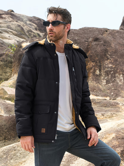 [S-2XL/4COLORS] Men'S Fleece Lined Parka Jacket Hooded Jacket Ribbed-knit Cuffs Warm Winter Coat Premium Level Shell Thicken Fur Jackets Windproof Coats Drawstring Convenient For Daily Life Or Outdoor Activities