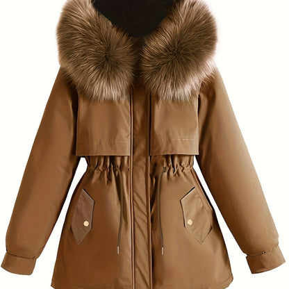 Plus-Size Parka Coat with a Furry Collar, Cinched Waist, And Thick Insulation for Warmth.