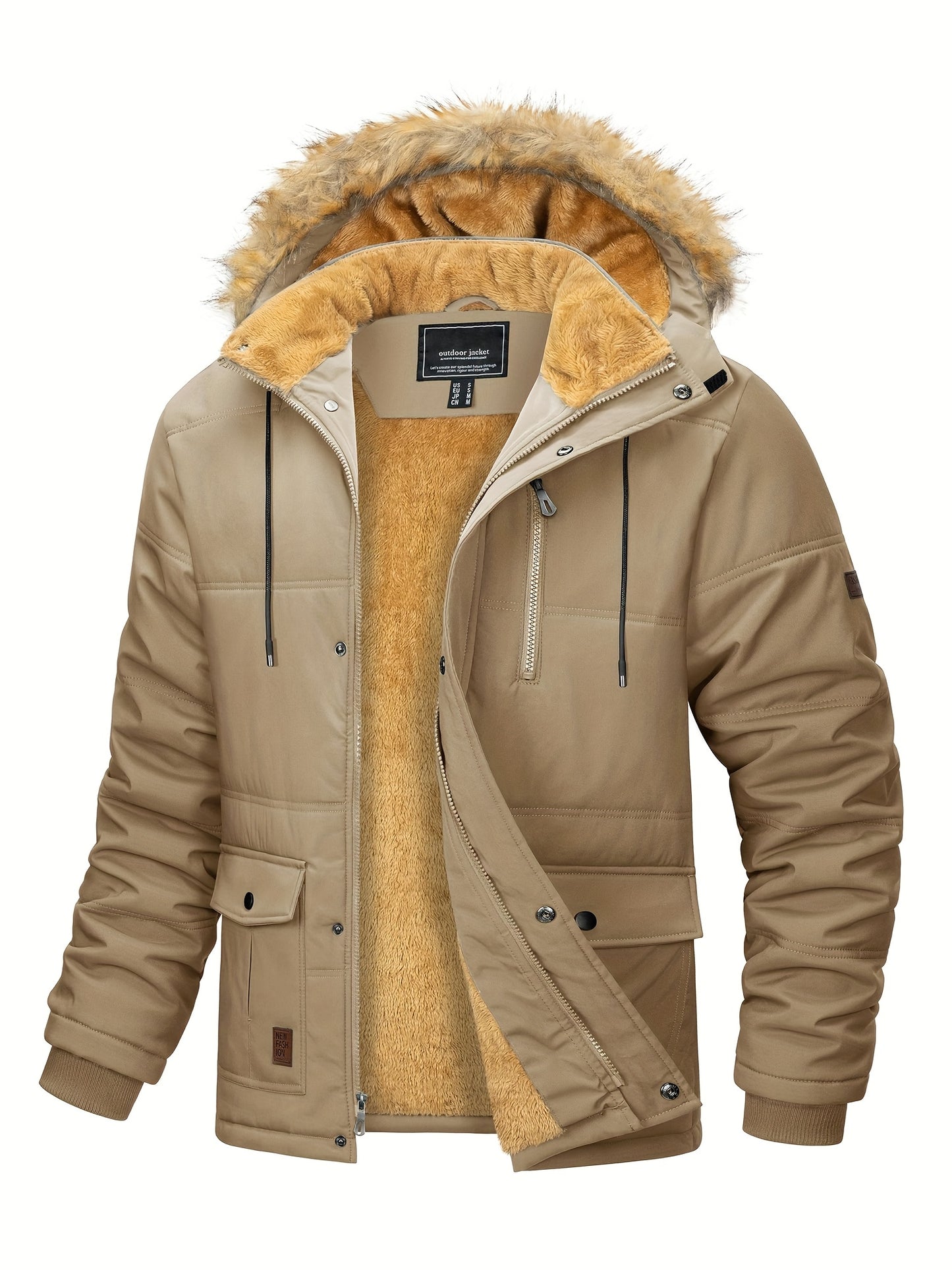 [S-2XL/4COLORS] Men'S Fleece Lined Parka Jacket Hooded Jacket Ribbed-knit Cuffs Warm Winter Coat Premium Level Shell Thicken Fur Jackets Windproof Coats Drawstring Convenient For Daily Life Or Outdoor Activities