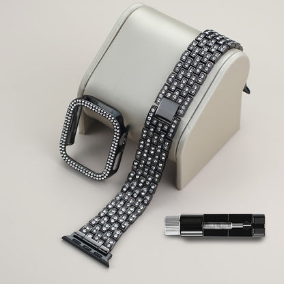 2-in-1 Strap + Hollow Shell Compatible with Apple Watch Straps 38mm 40mm 41mm 42mm 44mm 45mm 46mm+ Case, Women'S Jewelry Sparkling Rhinestone Replacement Metal Strap and 2pcs PC Protective Cover, Untempered Glass Film, Suitab