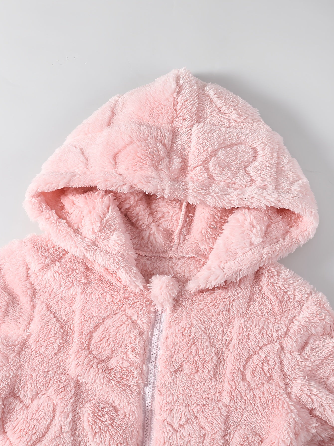 Girls' Pink Plush Hooded Jacket with Heart Appliqué & Plush - Winter Coat, Full-Zip Closure, Machine Washable H-Line Parka for & (No-Fill Warm Outerwear)