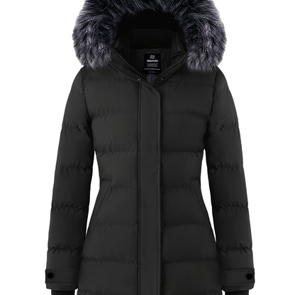 Multiple Pocket Solid Thicken Midi Padded Coat wantdo Women's Winter Puffer Parka Fashion Casual Classic Outdoor Hiking Travel Quilted Jacket Polyester Shell Faux Fur Detachable Hooded Overcoat Long Sleeve Two-way Zipper Yout
