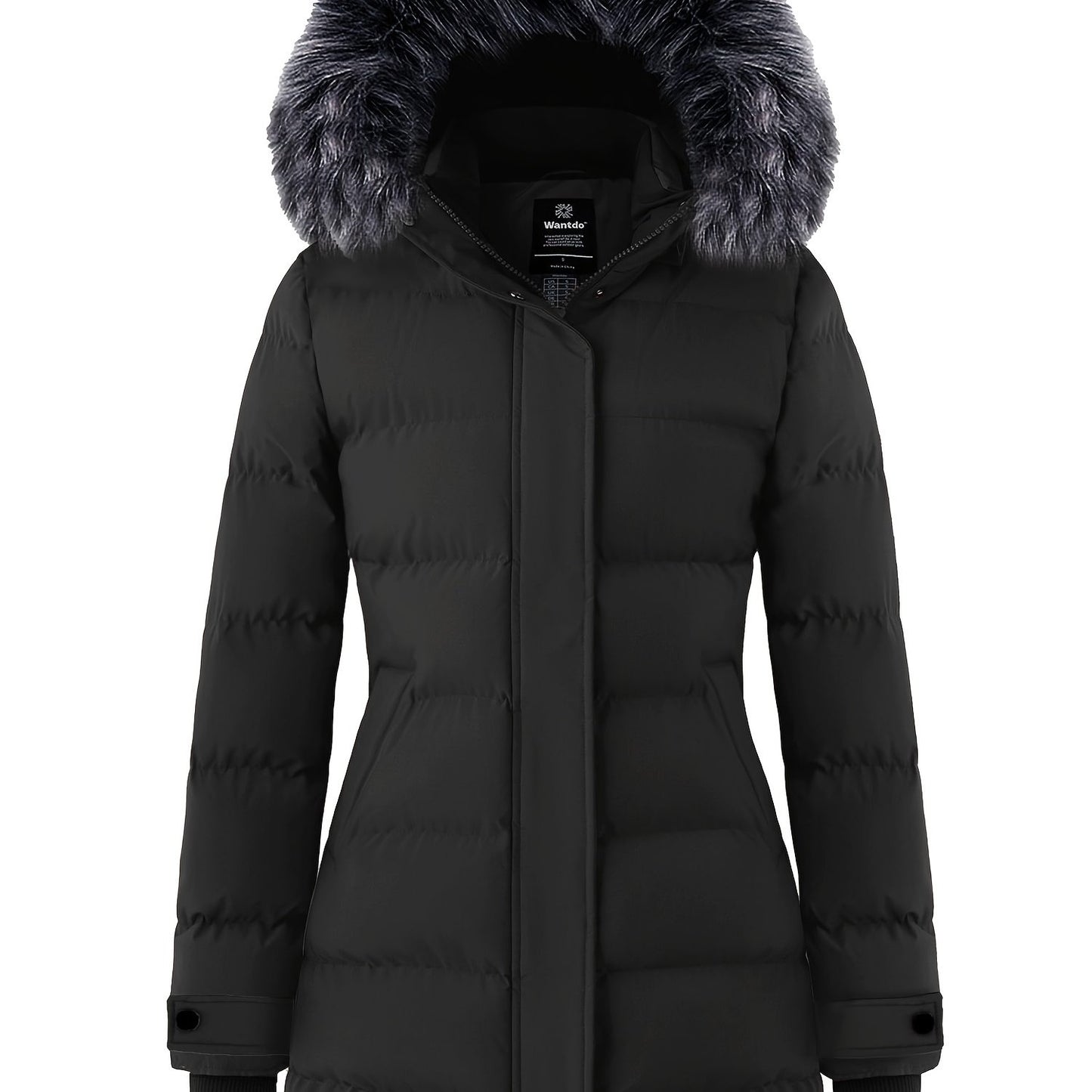 Multiple Pocket Solid Thicken Midi Padded Coat wantdo Women's Winter Puffer Parka Fashion Casual Classic Outdoor Hiking Travel Quilted Jacket Polyester Shell Faux Fur Detachable Hooded Overcoat Long Sleeve Two-way Zipper Yout