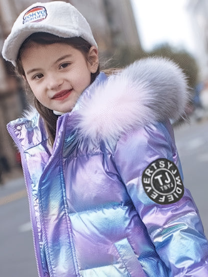 Youngsters' Cozy Pink & Purple Winter Jacket - Windproof, Warm with Detachable Faux Fur Hood, Zip-Up Long Parka for Boys & Girls - Perfect Winter Gift