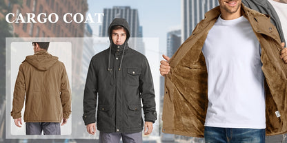 Men's Winter Windproof Full-Zip Jacket with & Detachable Hood - Heavy-Duty Multi-Pocket Parka Coat Suitable for Outdoor,, - Machine Washable Warm Jacket