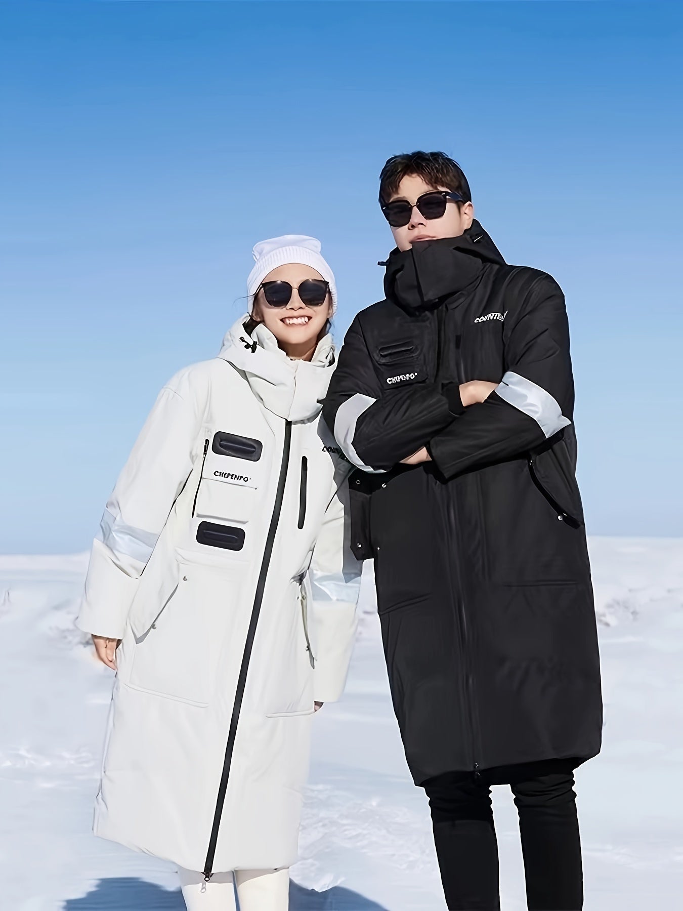 Unisex Casual Oxford Fabric Hooded Down Coat with Pockets, Long Over-the-Knee Style, Solid Color with Non-Stretch Fabric, Polyester Lining, Regular Fit Duck Down Insulation - Fashionable Longline Winter Parka